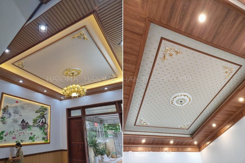Trần nhựa giả gỗ kết hợp tấm nano vân hoa giấy
