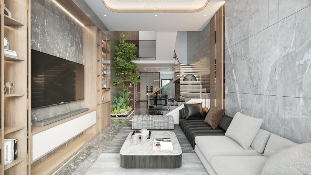 Tấm PVC vân đá màu tối giúp không gian cá tính và sang trọng