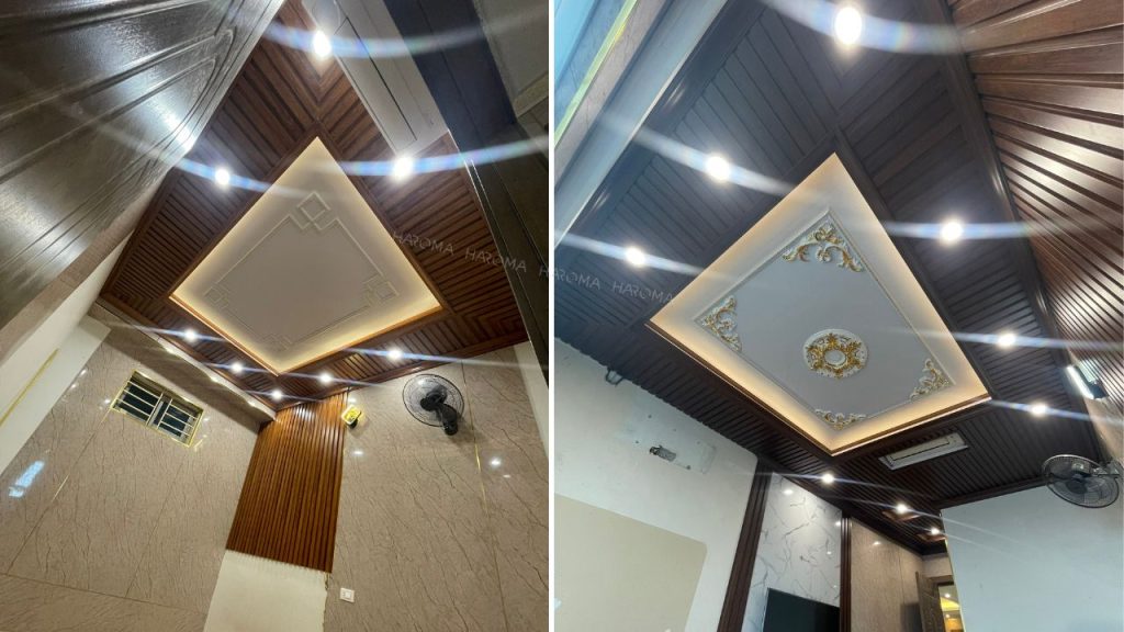 Tấm lam sóng màu gỗ nâu kết hợp với tông màu sáng giúp không gian nổi bật