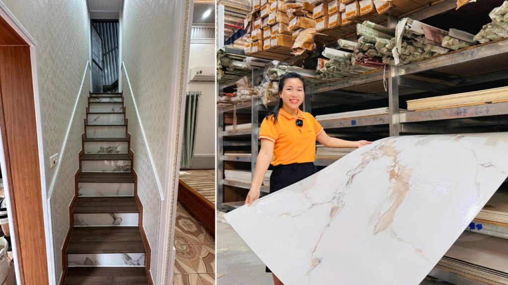 Sử dụng tấm PVC vân đá làm cổ bậc cầu thang nhựa